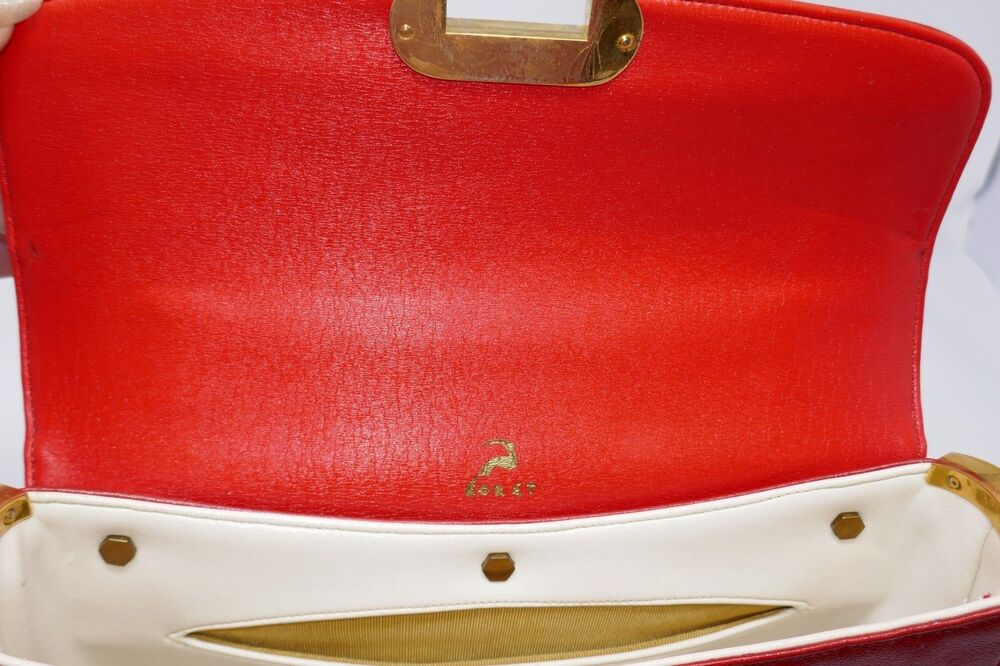Koret Vintage 1950s 1960s Mid Century Two Tone Clasp Red Leather Top Handle Bag - Picture 4 of 16
